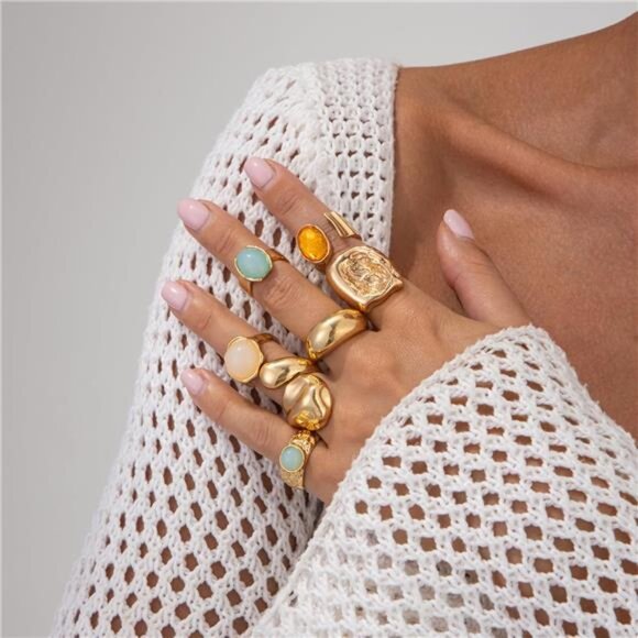 Vintage Boho Statement Ring Set – 6-8 Stackable Gold-Tone Rings - Picture 5 of 5